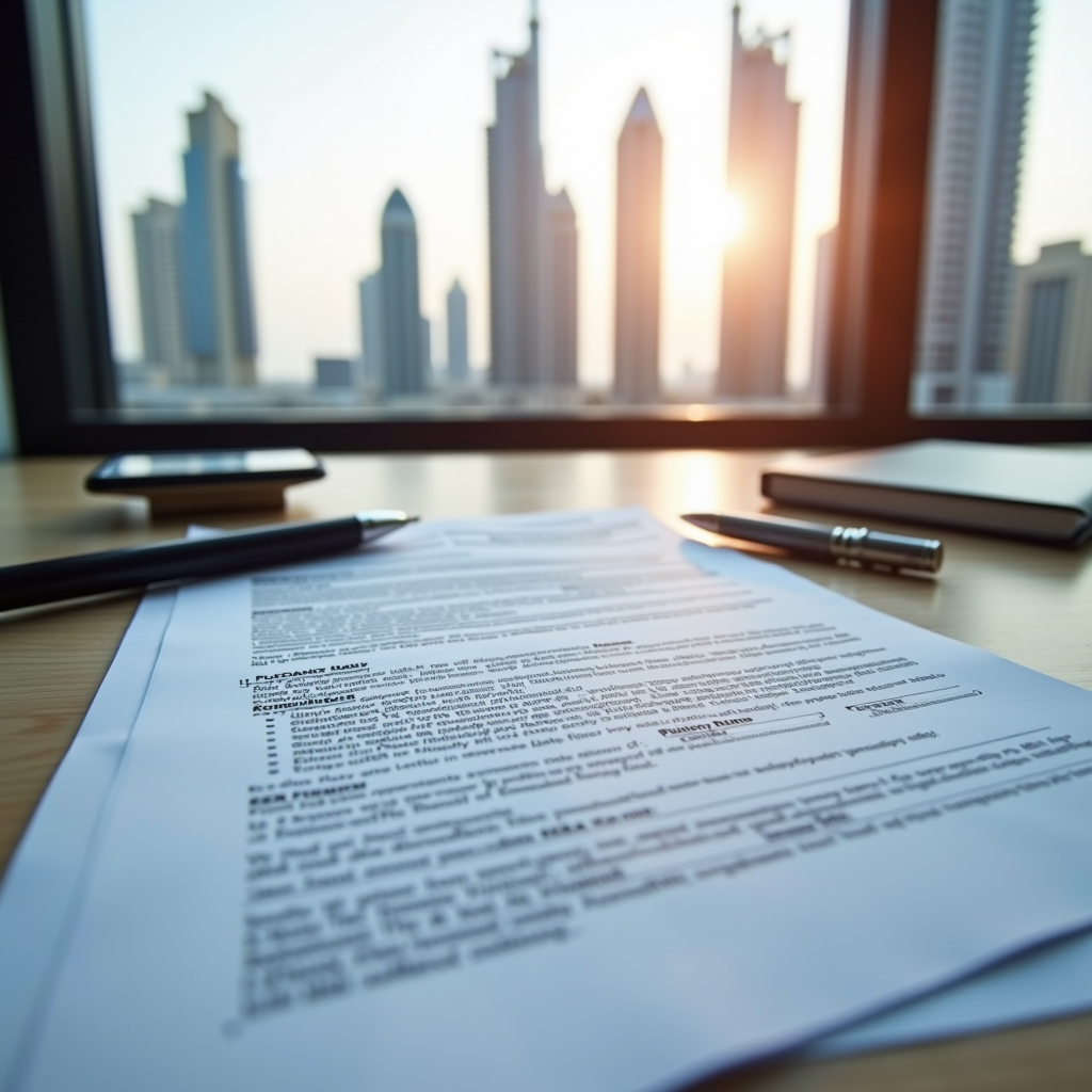 Professional rental contract document on a desk with Dubai skyline visible through window, showing official RERA forms and legal paperwork with pen, representing residential tenancy agreements in Dubai UAE