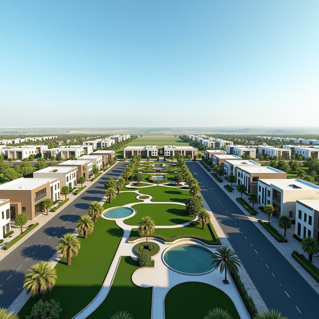 Aerial view of modern Dubai residential communities with parks, schools, and family-friendly amenities, showing tree-lined streets and contemporary villas under clear blue sky