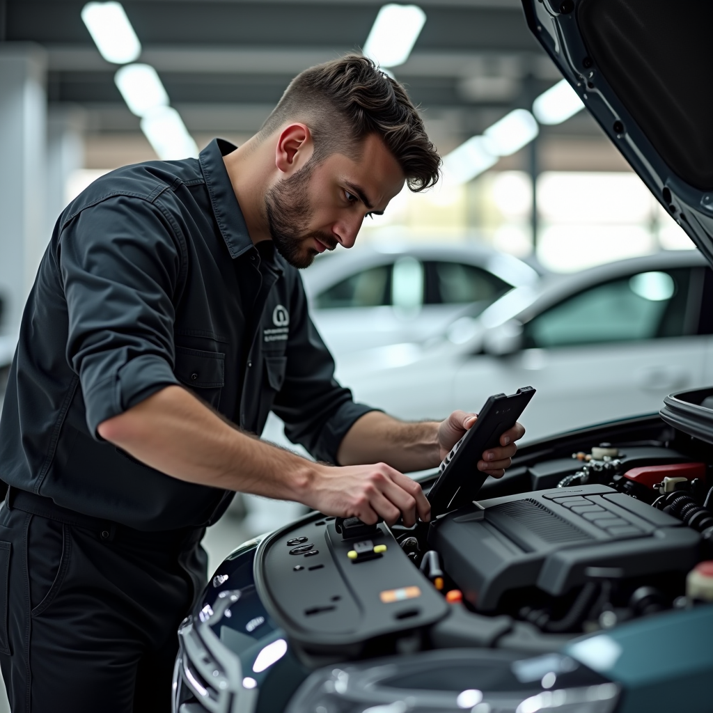 Professional mechanic inspecting a pre-owned vehicle in a modern Dubai car dealership, checking under the hood with diagnostic tools, bright showroom lighting, multiple cars visible in background