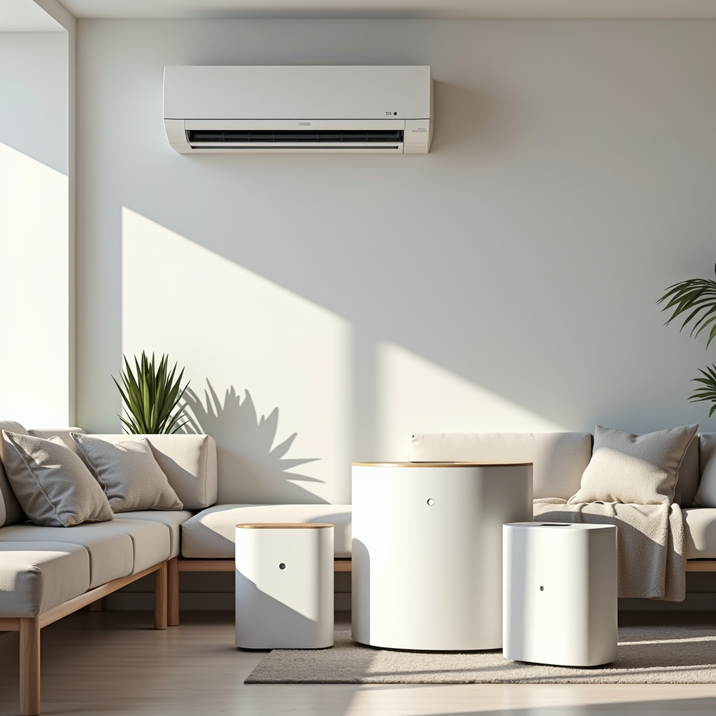 Modern Dubai home interior showcasing essential appliances including air conditioning unit, dehumidifier, and water purifier in a bright, climate-controlled living space with contemporary furniture