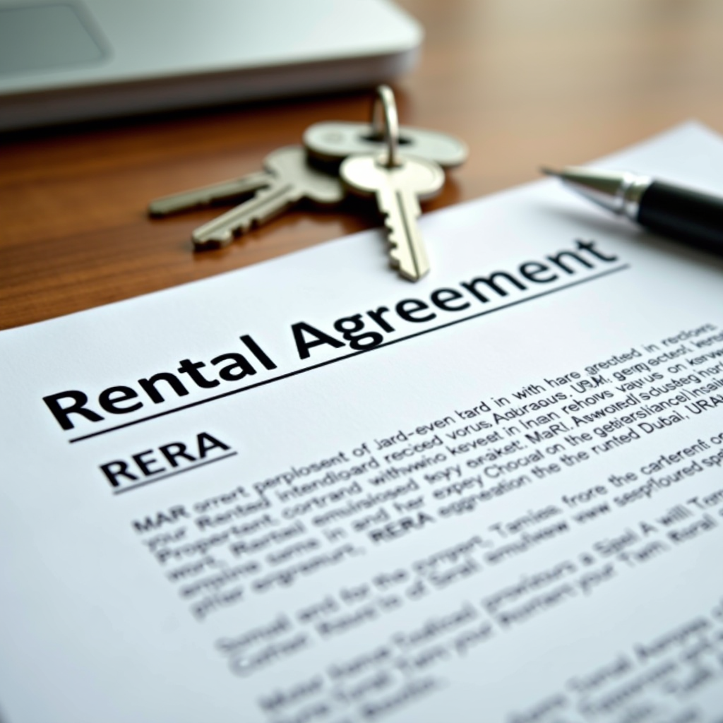 Close-up of rental agreement document with keys and pen on wooden desk, Dubai property contract with RERA logo visible