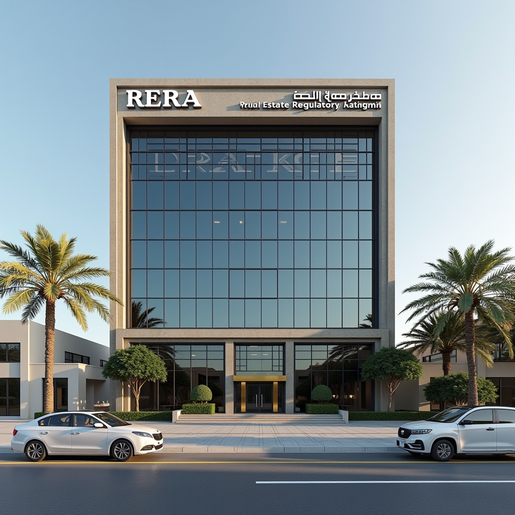 Modern RERA office building exterior in Dubai with official signage, representing the Real Estate Regulatory Agency headquarters where rental regulations are enforced and tenant rights are protected