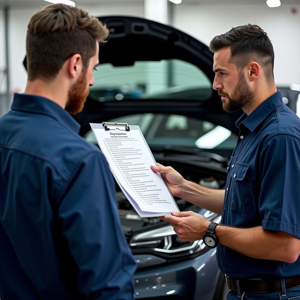 Comprehensive vehicle inspection checklist being reviewed by buyer and mechanic, showing engine bay, tire tread depth measurement, brake pad inspection, and fluid level checks in Dubai service center