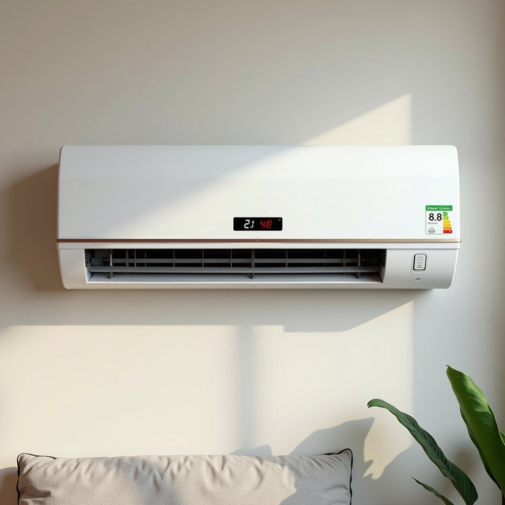 Modern energy-efficient split air conditioning unit mounted on wall in Dubai home, displaying digital temperature control and energy rating label
