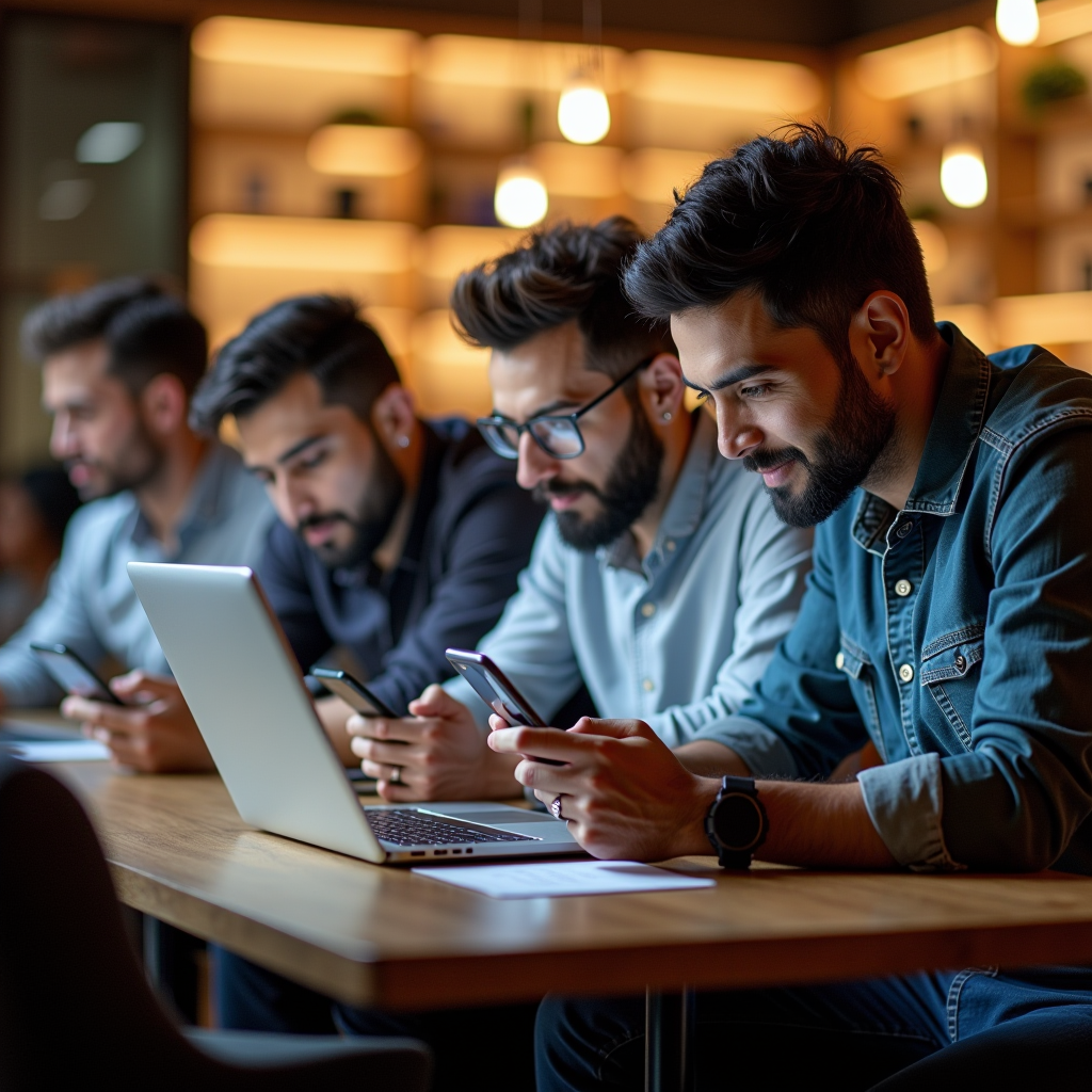 Diverse group of people in Dubai using various devices including smartphones, tablets, and laptops to browse dubizz.top classifieds website, showing the platform's accessibility and user-friendly interface across different demographics and settings