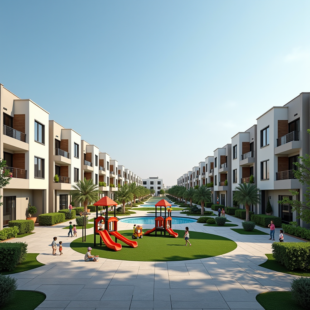 Modern Jumeirah Village Circle residential buildings with children's playground in foreground, families enjoying outdoor spaces, and contemporary low-rise apartments with balconies