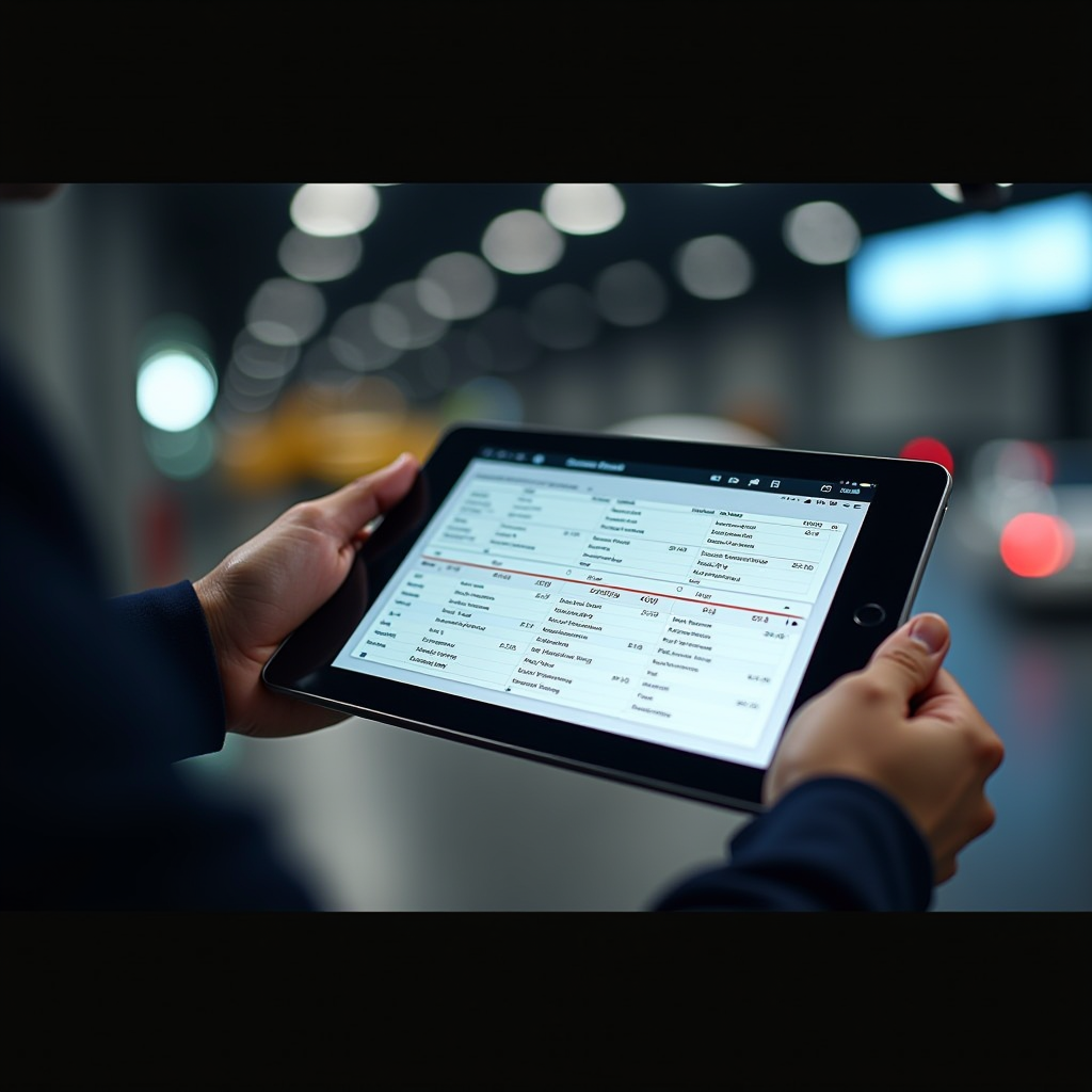 Sample RTA vehicle history report displayed on tablet screen showing accident records, service history, ownership transfers, and mileage verification for a used car in Dubai