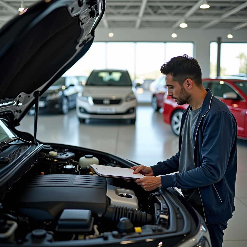Person inspecting used car engine and checking vehicle documents at Dubai car dealership with multiple pre-owned vehicles in background