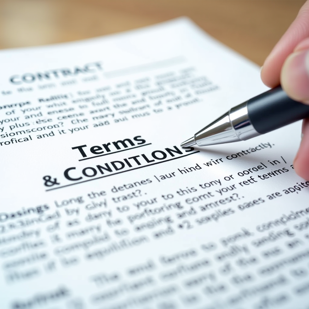 Close-up of rental contract pages showing key terms and conditions sections with highlighted clauses, pen pointing to important provisions, representing the detailed lease terms tenants should review before signing