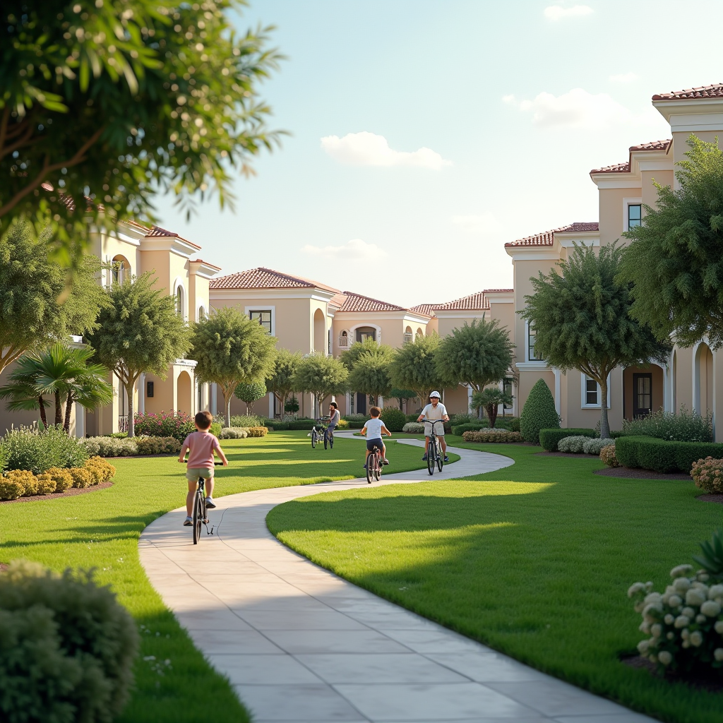 Mirdif neighborhood showing established villas with mature trees, children playing in well-maintained parks, and families cycling on dedicated paths in a peaceful suburban setting