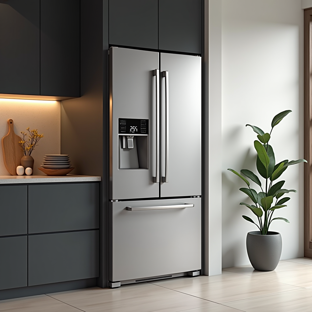 Large capacity French door refrigerator with digital temperature display and energy star rating, positioned in modern Dubai kitchen