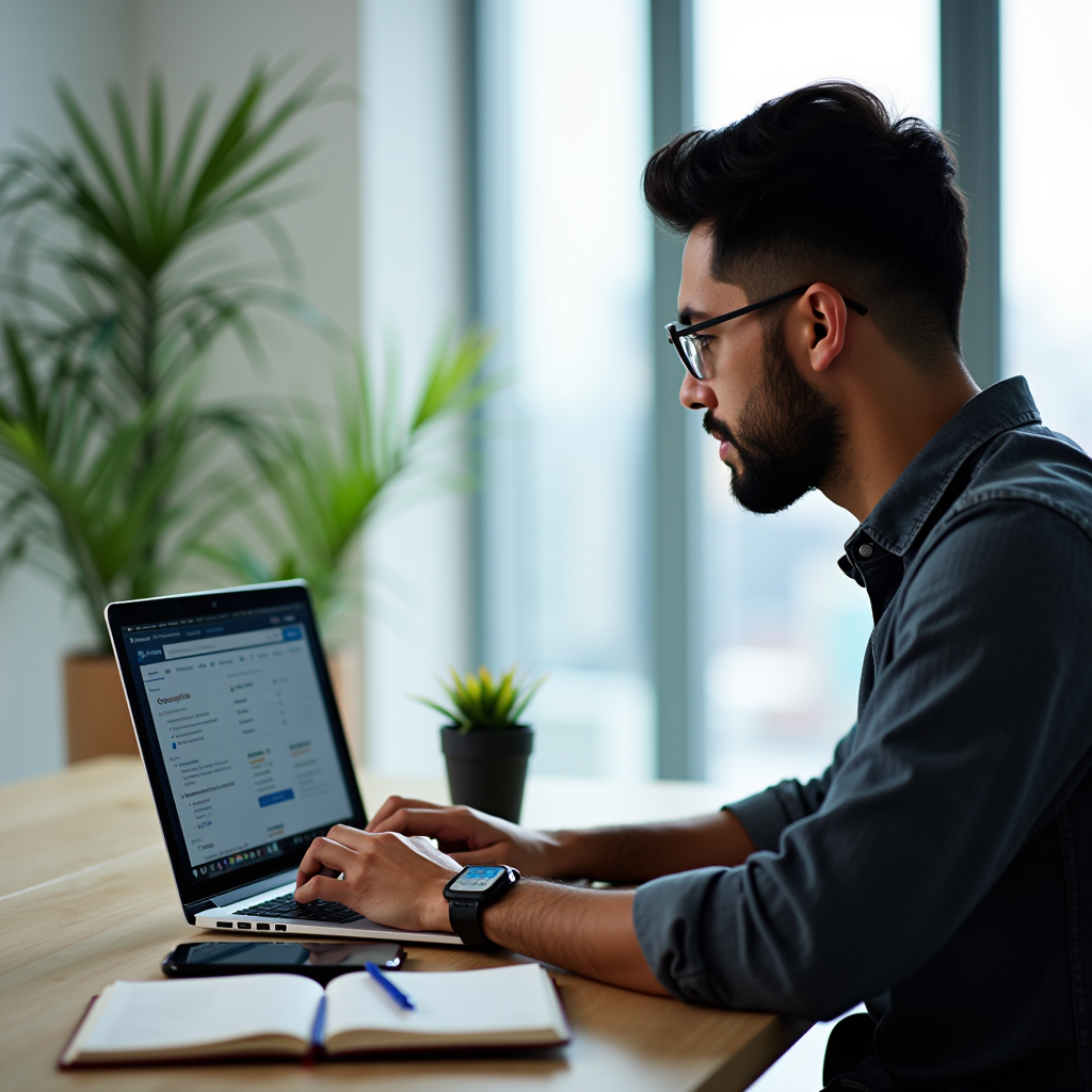 Young professional working on laptop at modern co-working space in Dubai, multiple browser tabs open showing job search websites, notebook with handwritten notes beside laptop, smartphone displaying LinkedIn app, bright natural lighting from large windows