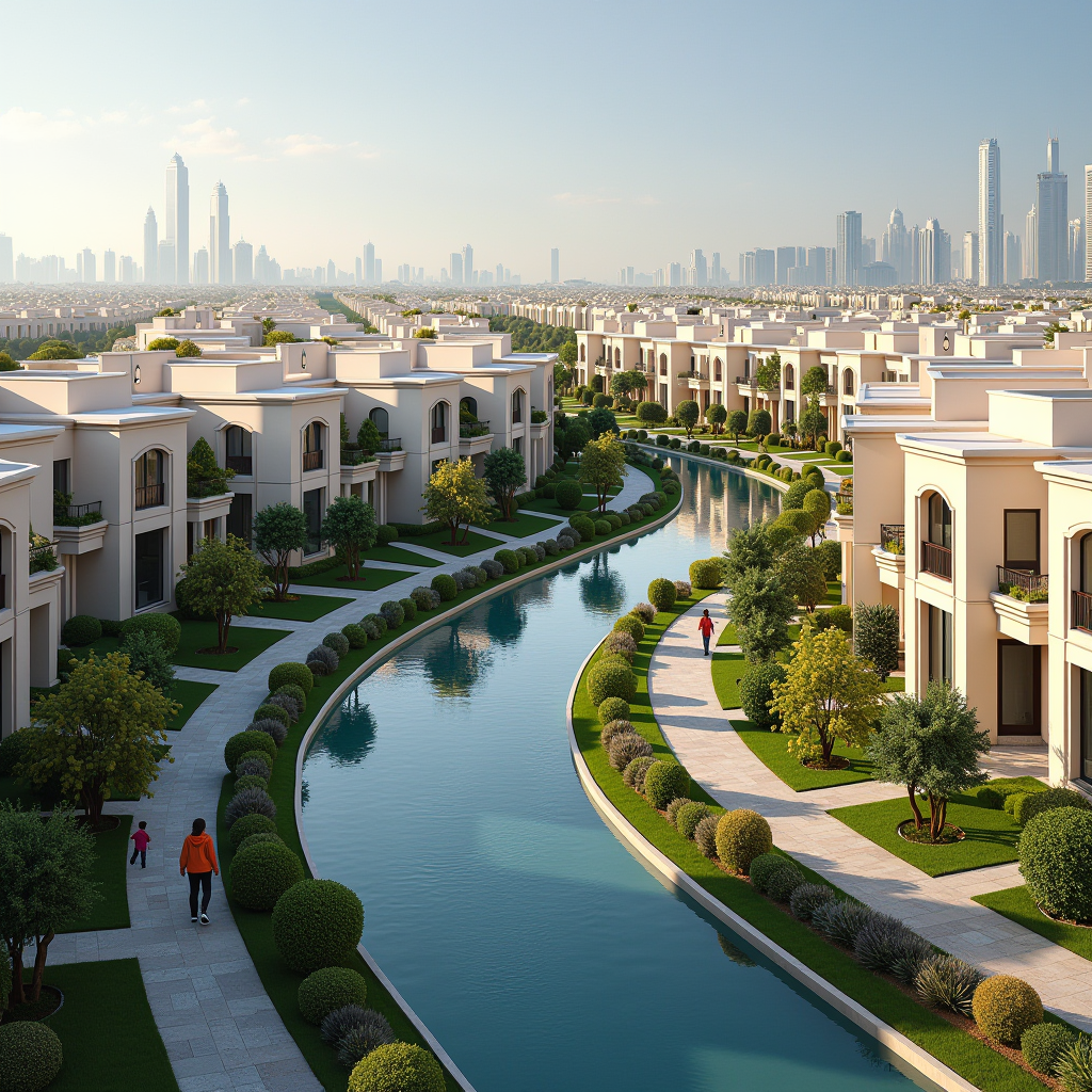 Al Barsha residential area with mix of villas and apartments, Mall of the Emirates visible in background, families in parks, and well-maintained streets with good infrastructure