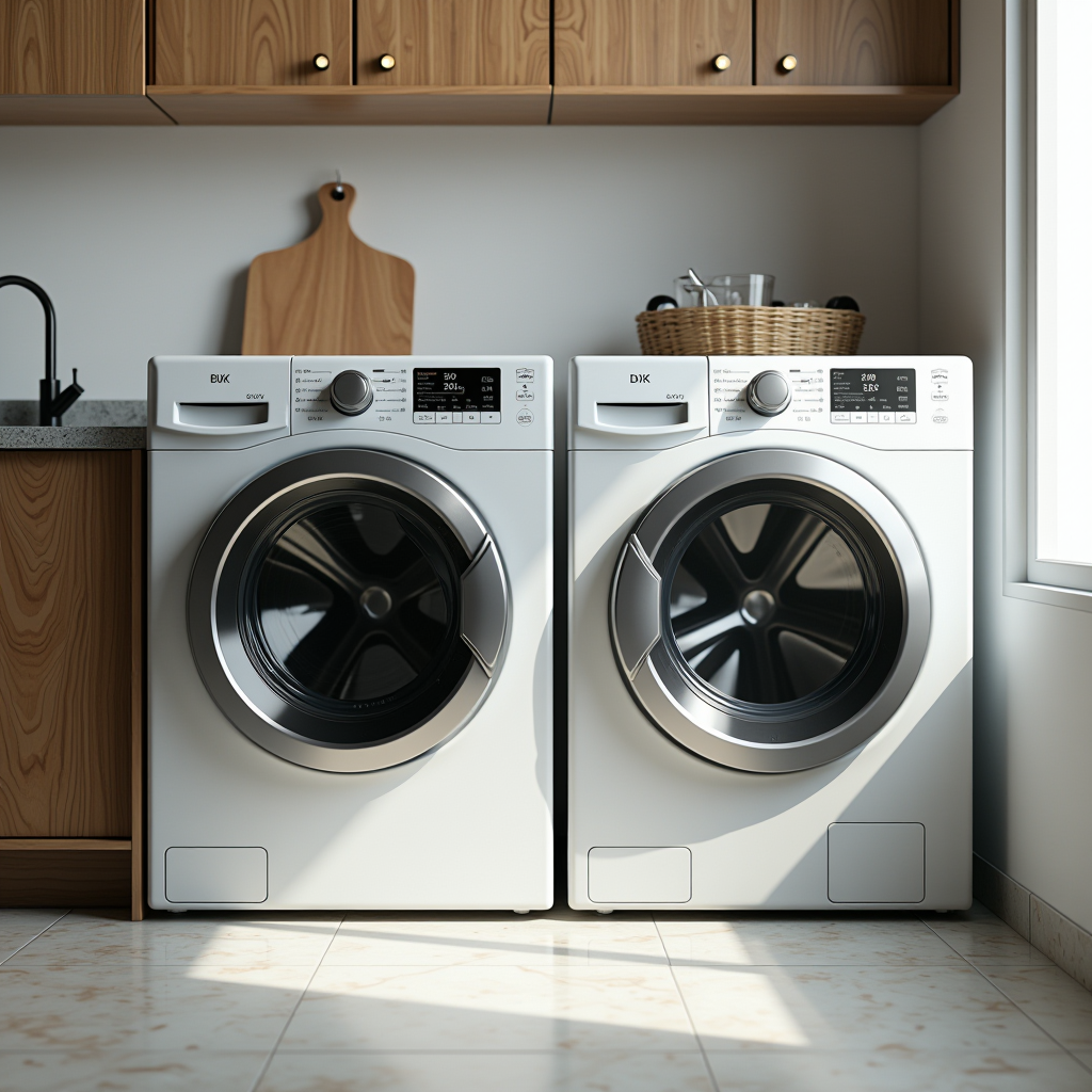 Modern front-loading washing machine and dryer set in Dubai laundry room, showing digital controls and energy efficiency ratings