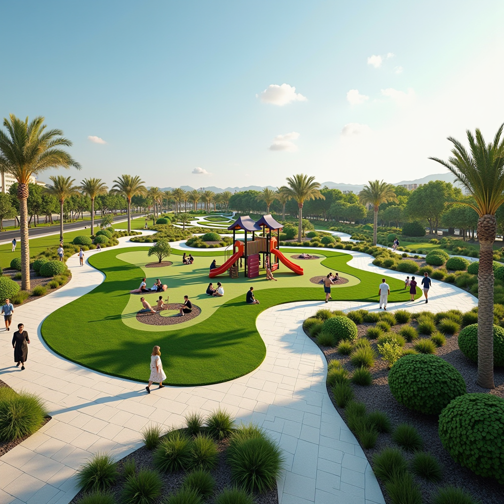 Al Barsha community park with children's playground equipment, families having picnics, jogging tracks, and green spaces with palm trees and modern landscaping