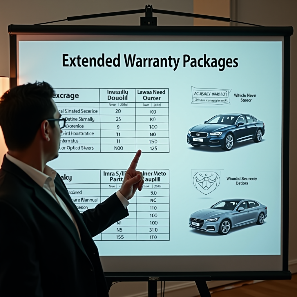 Professional presentation showing different extended warranty packages for used cars in Dubai, coverage comparison charts, terms and conditions documents, and customer service representative explaining options