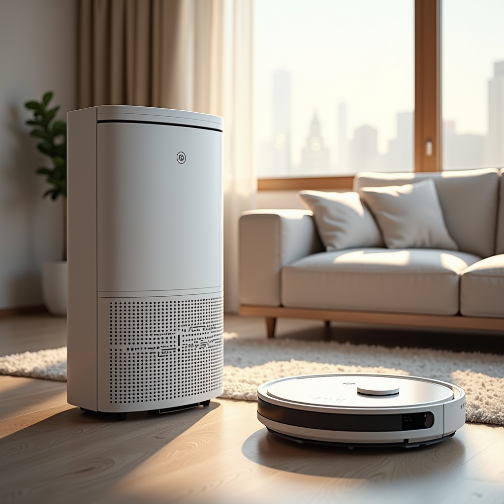 Modern air purifier with HEPA filter and robotic vacuum cleaner in Dubai living room, showing dust collection and air quality monitoring features