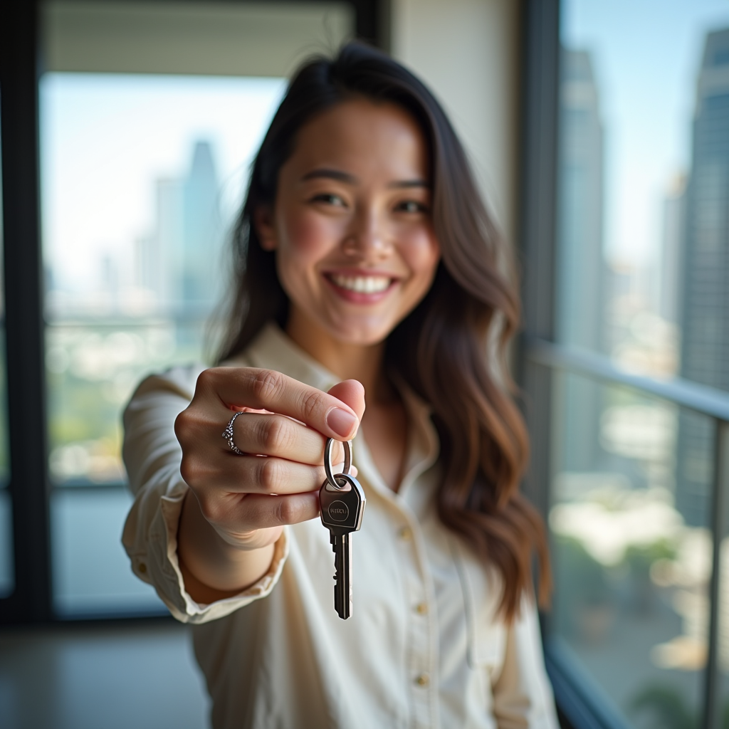 Smiling tenant holding keys in modern Dubai apartment with city view, representing successful rental experience and tenant satisfaction after understanding rental contract rights and obligations